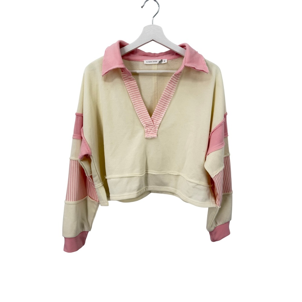 Altar'd State Sweatshirt Womens M Cream Pink Patchwork Cropped Polo V-Neck Boho